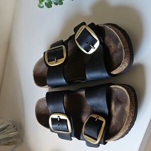 Birkenstock Black Sandals with Gold Buckles